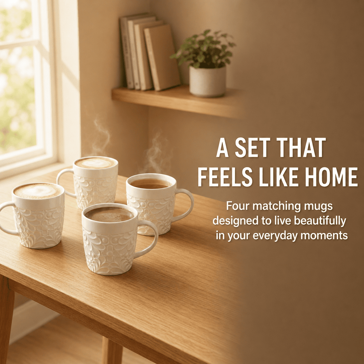 Embossed Ceramic Mugs, 16 oz, Set of Four in White - Image 6