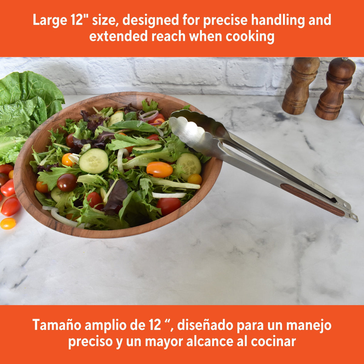 Stainless Steel Kitchen Tongs, 12 Inch, with Locking Arm and Wood-Look Grip - Image 4