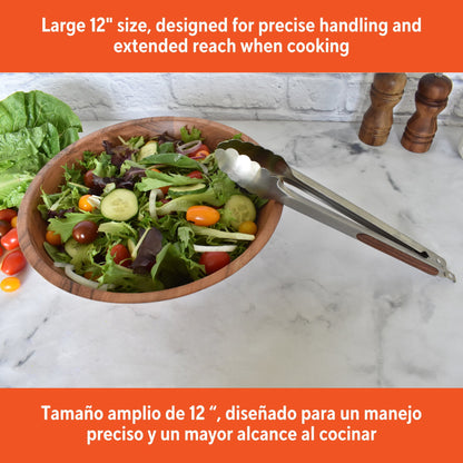 Stainless Steel Kitchen Tongs, 12 Inch, with Locking Arm and Wood-Look Grip - Image 4