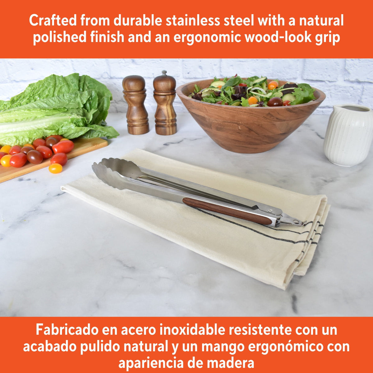 Stainless Steel Kitchen Tongs, 12 Inch, with Locking Arm and Wood-Look Grip - Image 3