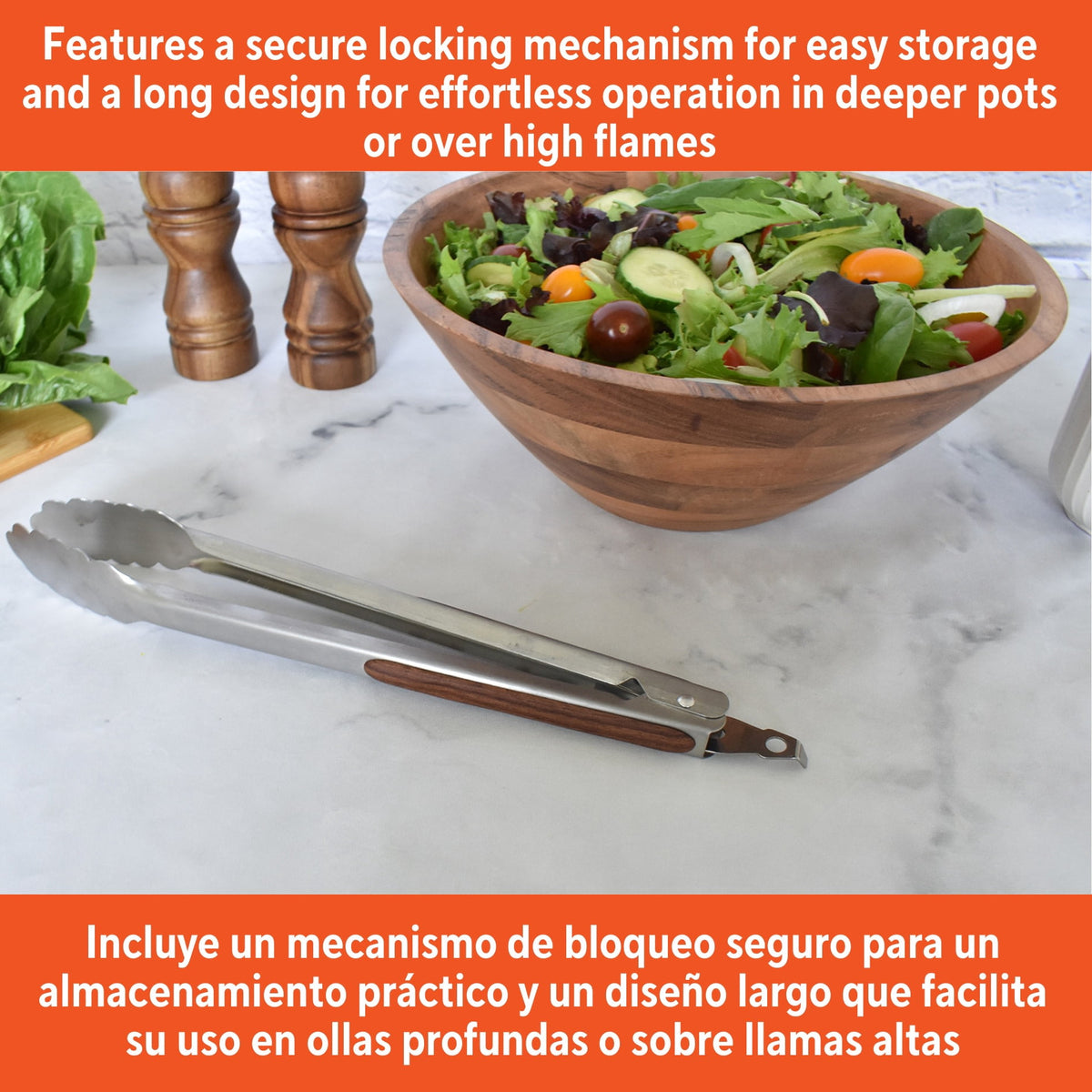 Stainless Steel Kitchen Tongs, 12 Inch, with Locking Arm and Wood-Look Grip - Image 5