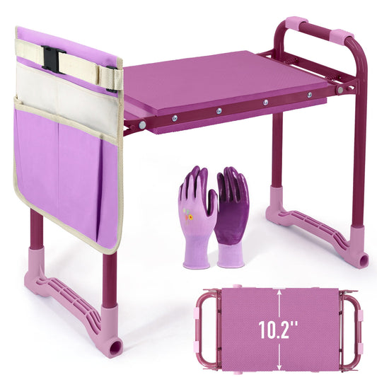 Folding Kneeler Bench and Garden Seat with Tool Pouch, Steel Frame, Purple