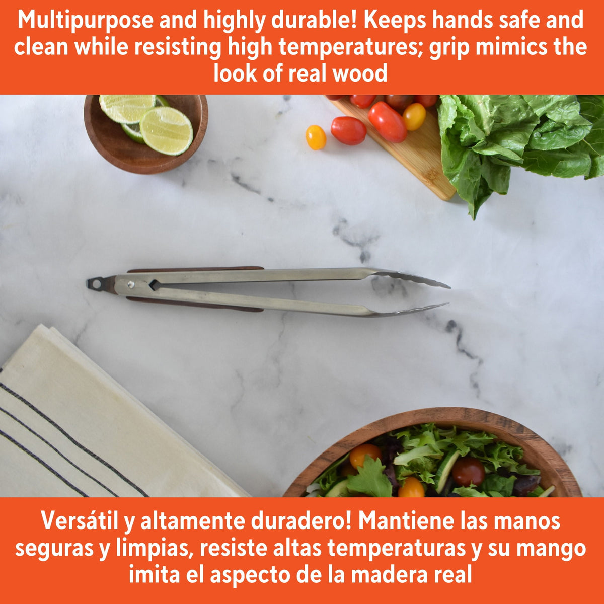 Stainless Steel Kitchen Tongs, 12 Inch, with Locking Arm and Wood-Look Grip - Image 6