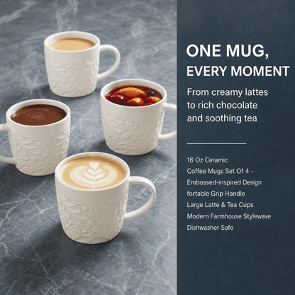 Embossed Ceramic Mugs, 16 oz, Set of Four in White - Image 3