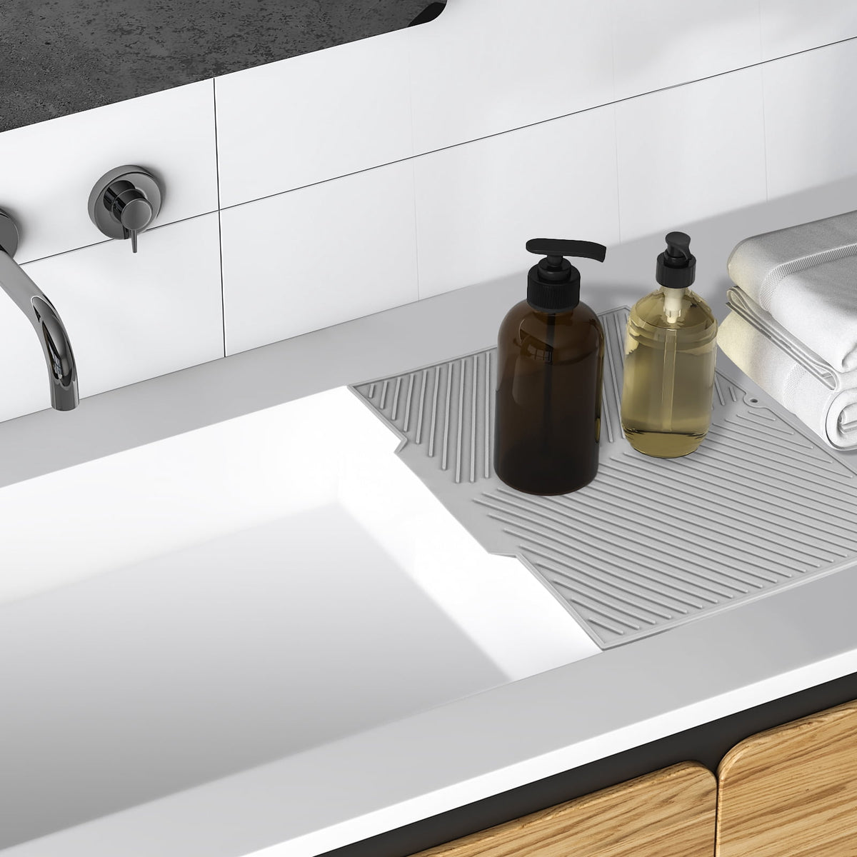 Silicone Dish Drying Mat with Drain Lip, 19.2 x 16.7 Inch, Grey - Image 4