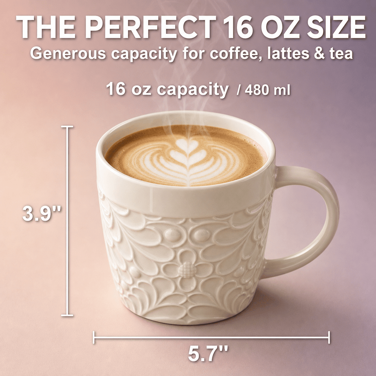 Embossed Ceramic Mugs, 16 oz, Set of Four in White - Image 4