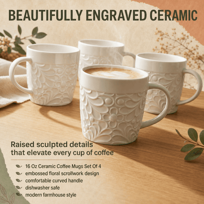 Embossed Ceramic Mugs, 16 oz, Set of Four in White - Image 2