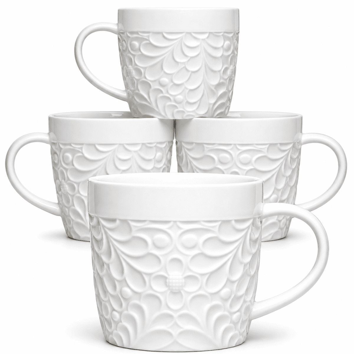 Embossed Ceramic Mugs, 16 oz, Set of Four in White