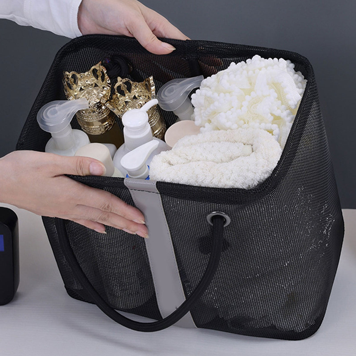 Mesh Shower Caddy Bag with Metal Frame and Carry Handle - Image 6