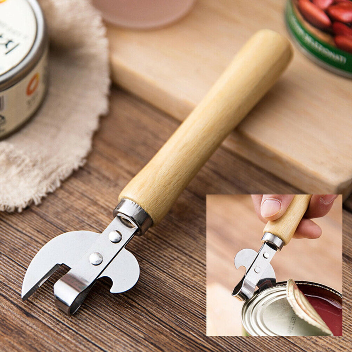 Manual Side-Cut Can Opener with Wooden Handle, 15.4 cm - Image 2